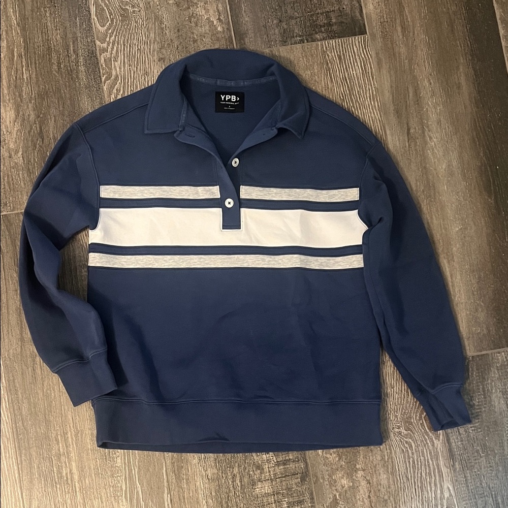 Abercrombie & Fitch Navy Blue and White Striped Polo Sweater